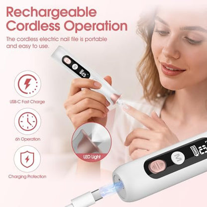 Haootadiy Cordless Electric Nail Drill File - Professional Rechargeable Nail Filer Buffer Set for Manicure Pedicure with Bits & Sanding Bands, for Women & Men Avelisse