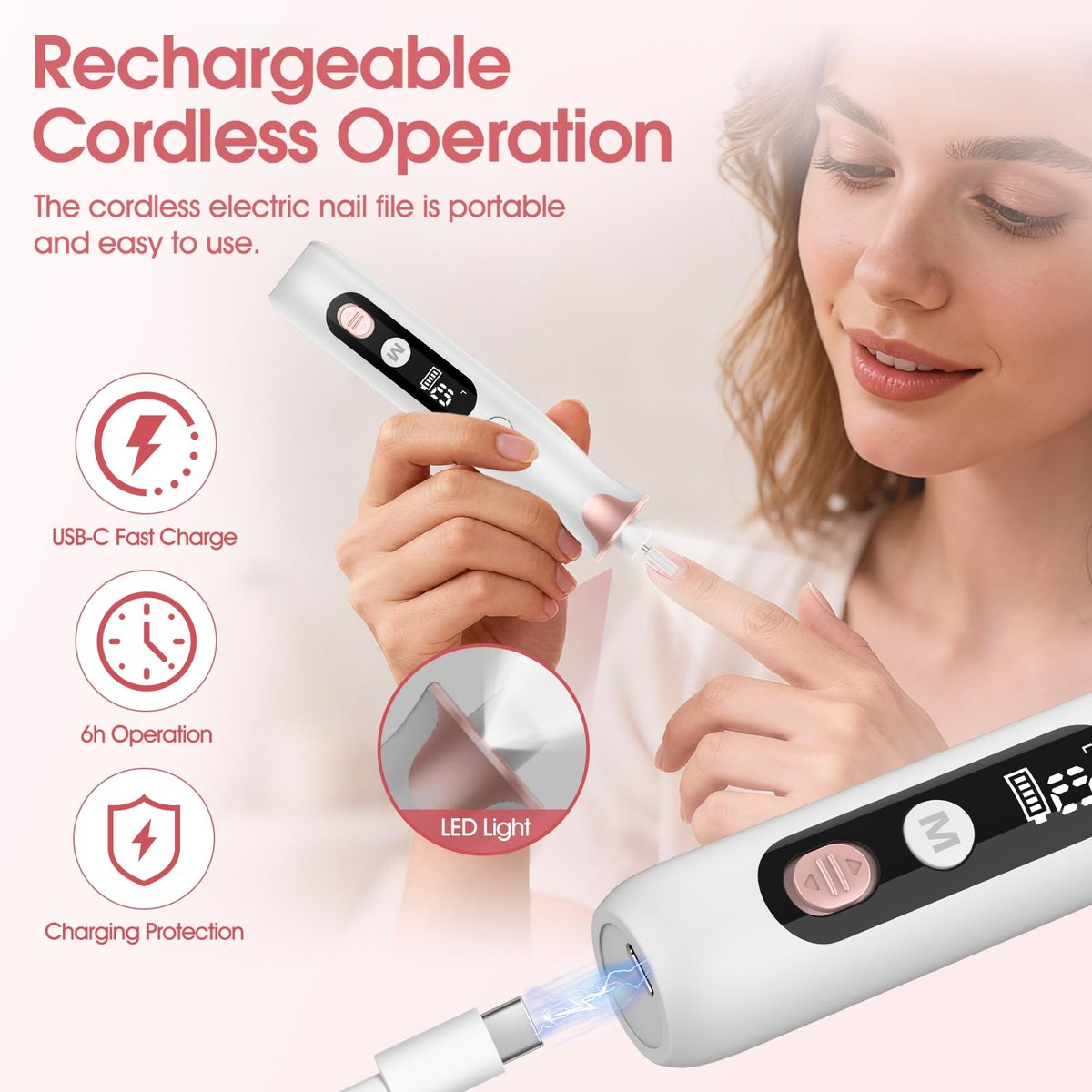 Haootadiy Cordless Electric Nail Drill File - Professional Rechargeable Nail Filer Buffer Set for Manicure Pedicure with Bits & Sanding Bands, for Women & Men Avelisse