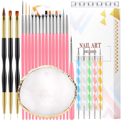 CHEMAILON 25-Piece Nail Art Tools Set - Professional Nail Brush Set with Palette, Stand, and Silicone Engraving Pen for DIY Home Manicure