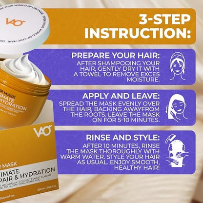 VAO Deep Conditioning Hair Mask for Damaged Hair - Hydrating Hair Mask with Argan Oil, Shea Butter, Keratin & Hyaluronic Acid - 11.8 Fl Oz Avelisse