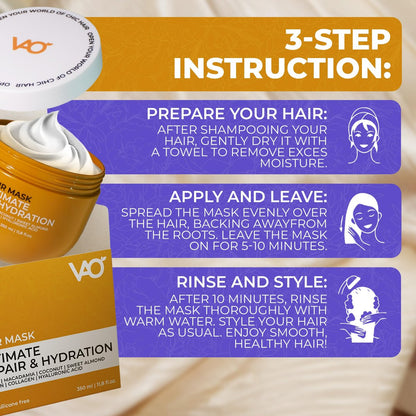 VAO Deep Conditioning Hair Mask for Damaged Hair - Hydrating Hair Mask with Argan Oil, Shea Butter, Keratin & Hyaluronic Acid - 11.8 Fl Oz Avelisse
