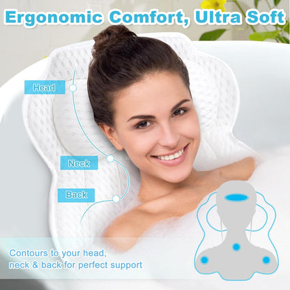 EcoHLL Ergonomic Bath Pillow for Tub – Soft Spa Cushion with 4D Mesh & Non-Slip Suction Cups for Head, Neck & Back Support – Washable Bathtub Pillow for Relaxing Hot Baths – White Avelisse