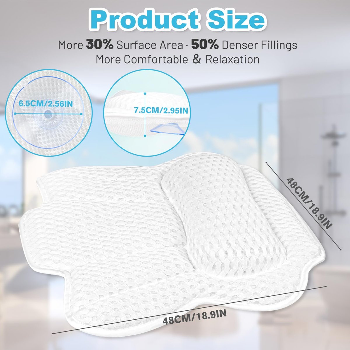 EcoHLL Ergonomic Bath Pillow for Tub – Soft Spa Cushion with 4D Mesh & Non-Slip Suction Cups for Head, Neck & Back Support – Washable Bathtub Pillow for Relaxing Hot Baths – White Avelisse