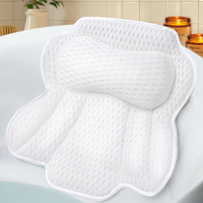 EcoHLL Ergonomic Bath Pillow for Tub – Soft Spa Cushion with 4D Mesh & Non-Slip Suction Cups for Head, Neck & Back Support – Washable Bathtub Pillow for Relaxing Hot Baths – White Avelisse