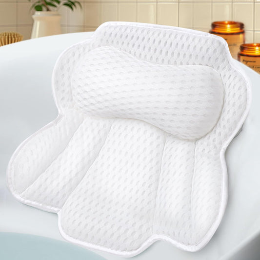 EcoHLL Ergonomic Bath Pillow for Tub – Soft Spa Cushion with 4D Mesh & Non-Slip Suction Cups for Head, Neck & Back Support – Washable Bathtub Pillow for Relaxing Hot Baths – White Avelisse