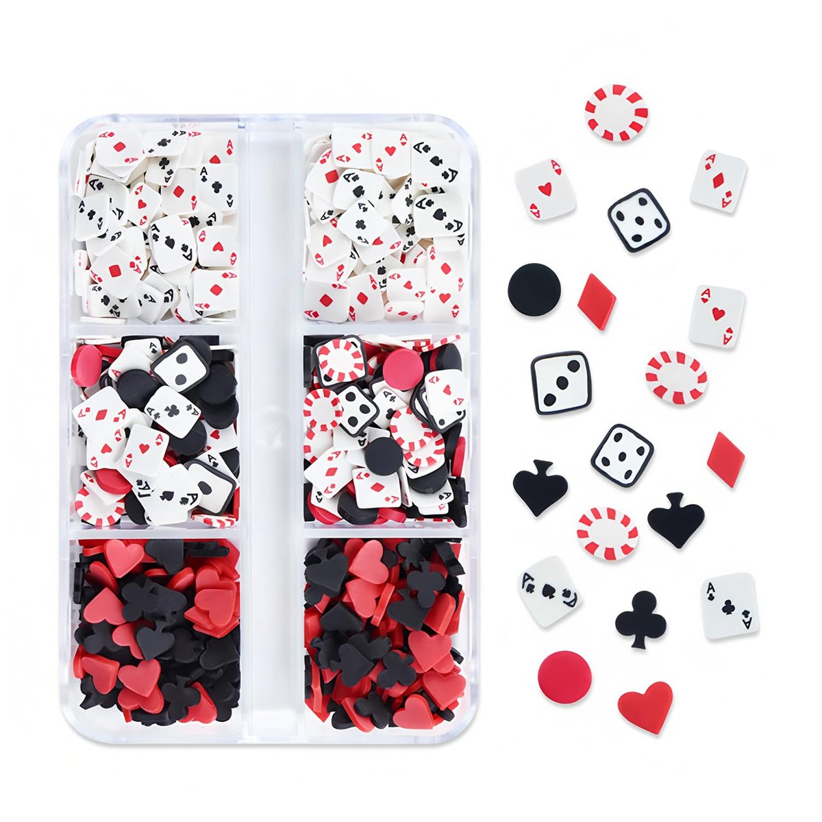 Tyuimhx 6 Grids Poker Nail Charms - Mixed Spades, Clubs, Hearts Block Nail Art Slices - 3D Resin Fimo Slices for Women DIY Manicure, Lip Gloss, Cellphone Decorations - görsel 1