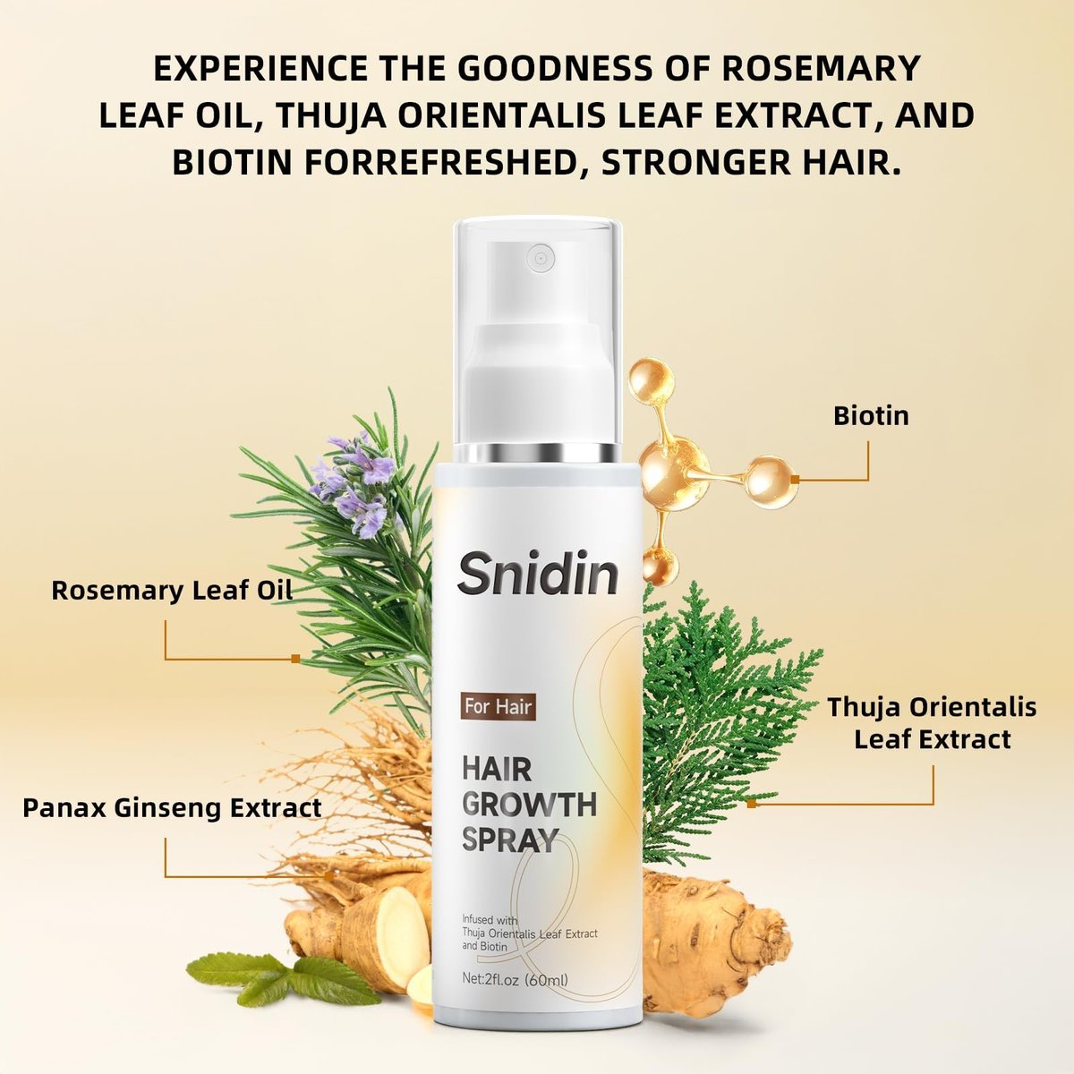 Snidin Hair Growth Spray – Biotin & Rosemary Oil Multi-Effect Scalp Treatment for Thinning Hair with Ginseng & Arborvitae – 60ml Avelisse