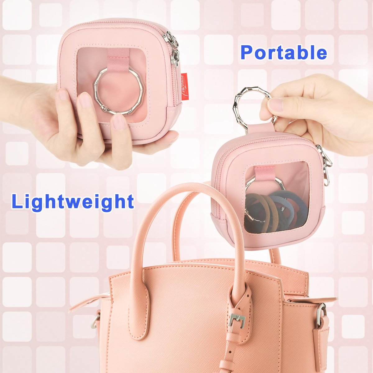 TraMust Hair Tie Organizer Bag with Clear Window - PU Leather Portable Hair Accessories Holder with O Ring for Bobby Pins, Cotton Swabs, Small Items (Pink, 4x4x1.7 inches) - görsel 11