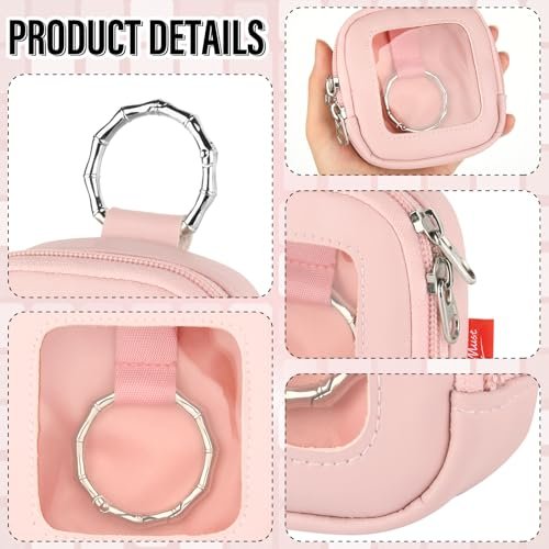 TraMust Hair Tie Organizer Bag with Clear Window - PU Leather Portable Hair Accessories Holder with O Ring for Bobby Pins, Cotton Swabs, Small Items (Pink, 4x4x1.7 inches) - görsel 8