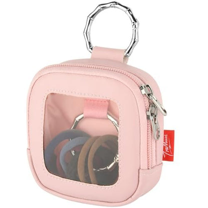TraMust Hair Tie Organizer Bag with Clear Window - PU Leather Portable Hair Accessories Holder with O Ring for Bobby Pins, Cotton Swabs, Small Items (Pink, 4x4x1.7 inches)