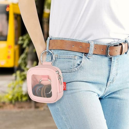TraMust Hair Tie Organizer Bag with Clear Window - PU Leather Portable Hair Accessories Holder with O Ring for Bobby Pins, Cotton Swabs, Small Items (Pink, 4x4x1.7 inches)