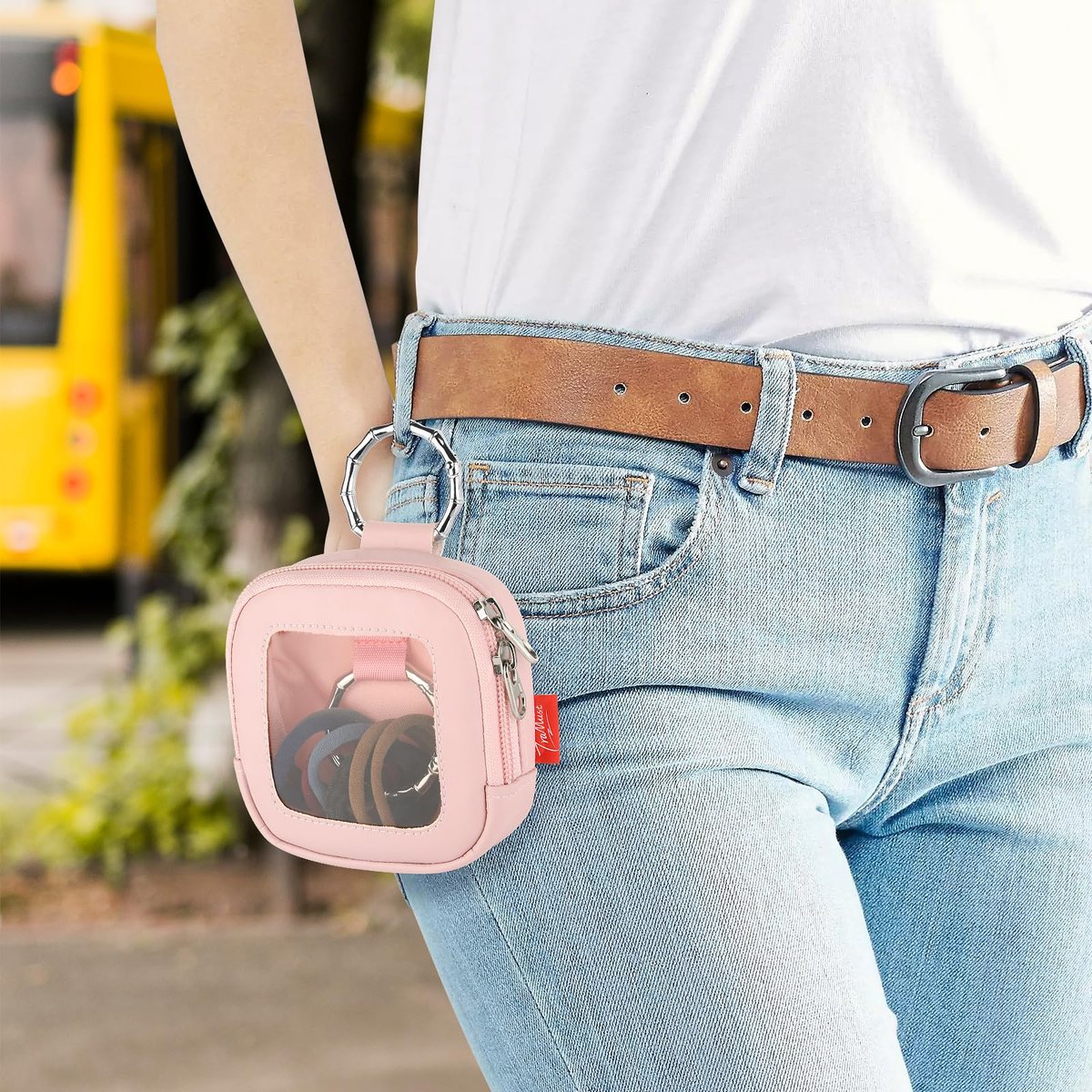 TraMust Hair Tie Organizer Bag with Clear Window - PU Leather Portable Hair Accessories Holder with O Ring for Bobby Pins, Cotton Swabs, Small Items (Pink, 4x4x1.7 inches) - görsel 3