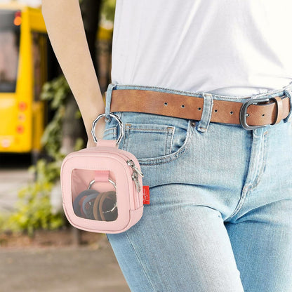 TraMust Hair Tie Organizer Bag with Clear Window - PU Leather Portable Hair Accessories Holder with O Ring for Bobby Pins, Cotton Swabs, Small Items (Pink, 4x4x1.7 inches)