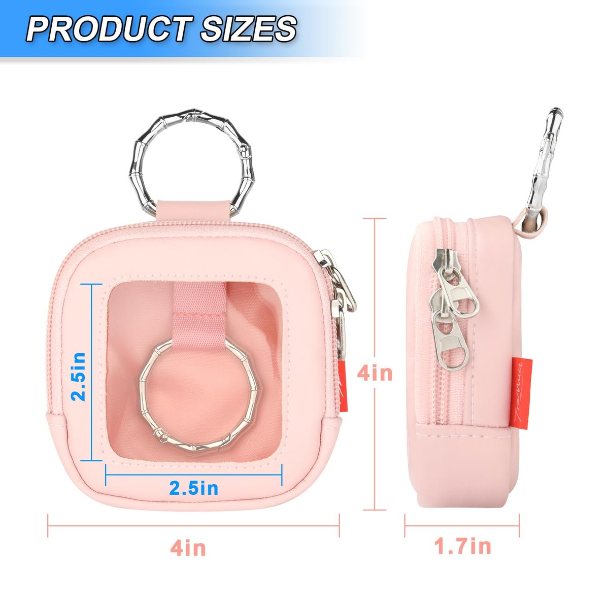TraMust Hair Tie Organizer Bag with Clear Window - PU Leather Portable Hair Accessories Holder with O Ring for Bobby Pins, Cotton Swabs, Small Items (Pink, 4x4x1.7 inches) - görsel 5