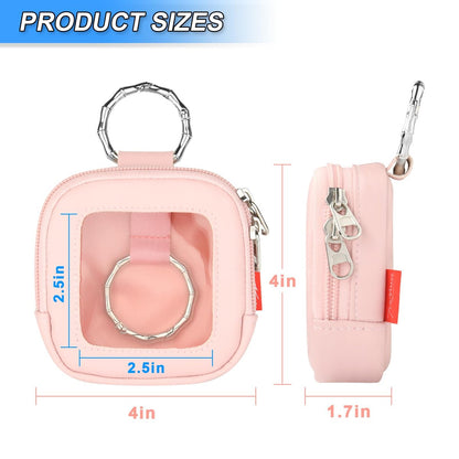 TraMust Hair Tie Organizer Bag with Clear Window - PU Leather Portable Hair Accessories Holder with O Ring for Bobby Pins, Cotton Swabs, Small Items (Pink, 4x4x1.7 inches)
