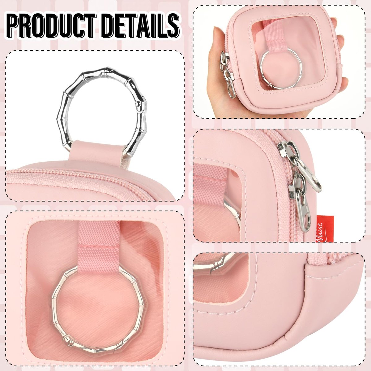 TraMust Hair Tie Organizer Bag with Clear Window - PU Leather Portable Hair Accessories Holder with O Ring for Bobby Pins, Cotton Swabs, Small Items (Pink, 4x4x1.7 inches) - görsel 7