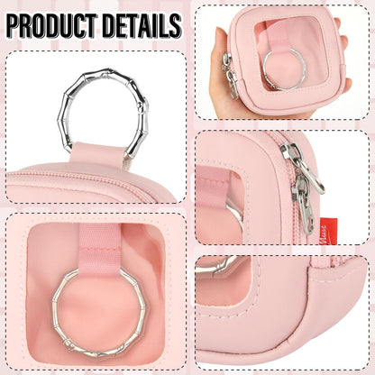 TraMust Hair Tie Organizer Bag with Clear Window - PU Leather Portable Hair Accessories Holder with O Ring for Bobby Pins, Cotton Swabs, Small Items (Pink, 4x4x1.7 inches)