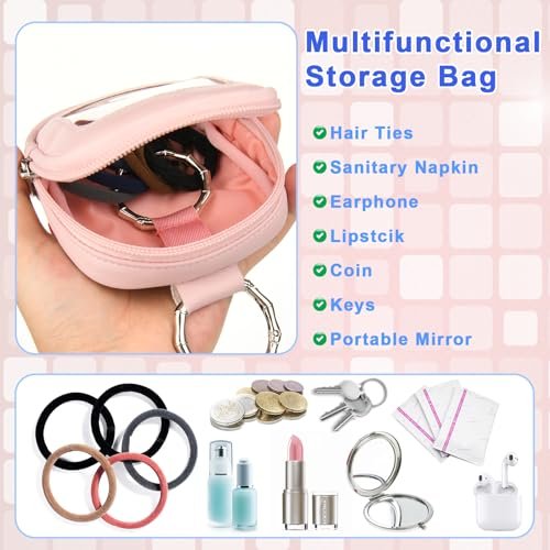 TraMust Hair Tie Organizer Bag with Clear Window - PU Leather Portable Hair Accessories Holder with O Ring for Bobby Pins, Cotton Swabs, Small Items (Pink, 4x4x1.7 inches) - görsel 10