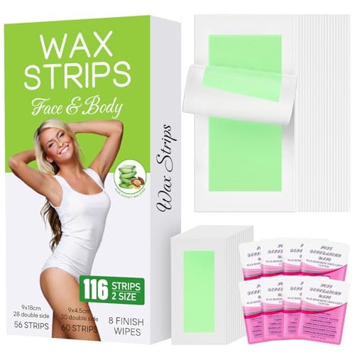 116PCS Wax Strips for Hair Removal - Facial & Body Waxing Kit for Women, Includes 8 Oil Wipes, All Skin Types - görsel 2