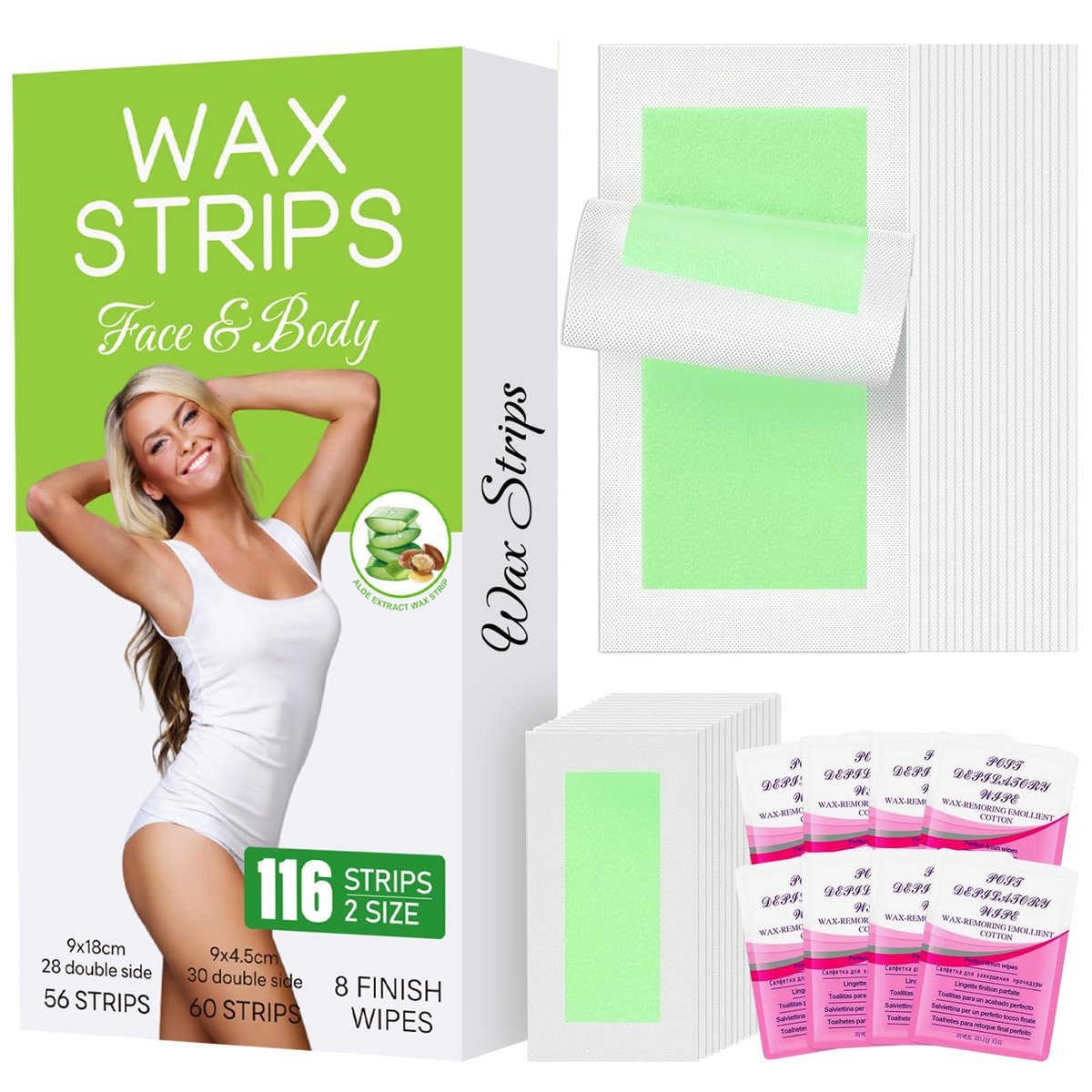 116PCS Wax Strips for Hair Removal - Facial & Body Waxing Kit for Women, Includes 8 Oil Wipes, All Skin Types - görsel 1