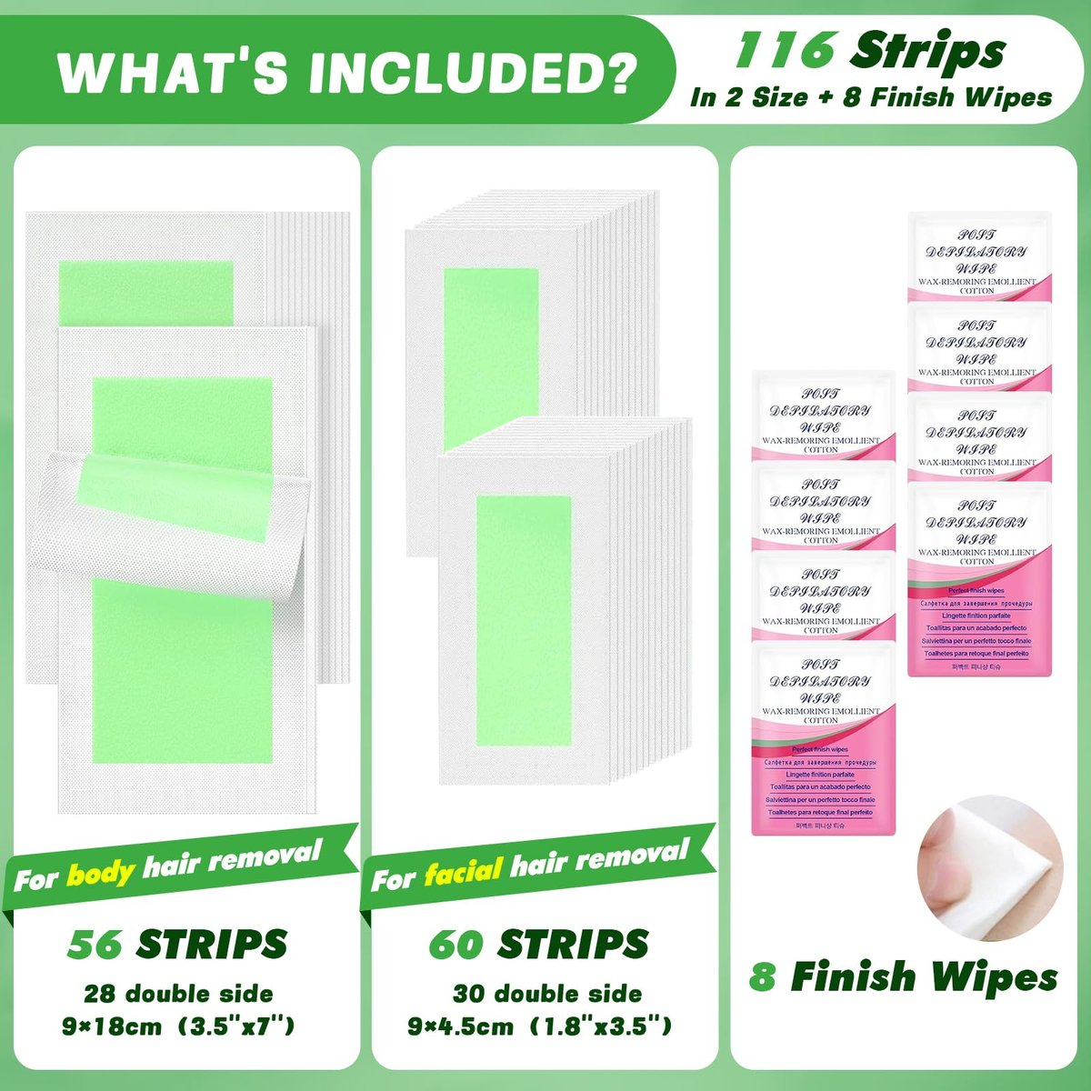 116PCS Wax Strips for Hair Removal - Facial & Body Waxing Kit for Women, Includes 8 Oil Wipes, All Skin Types - görsel 3