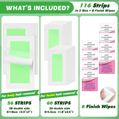 116PCS Wax Strips for Hair Removal - Facial & Body Waxing Kit for Women, Includes 8 Oil Wipes, All Skin Types