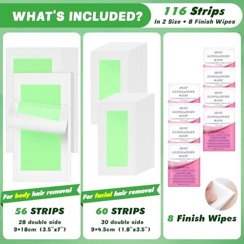 116PCS Wax Strips for Hair Removal - Facial & Body Waxing Kit for Women, Includes 8 Oil Wipes, All Skin Types - görsel 4
