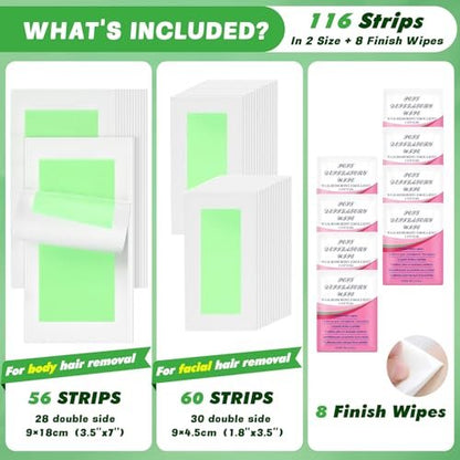 116PCS Wax Strips for Hair Removal - Facial & Body Waxing Kit for Women, Includes 8 Oil Wipes, All Skin Types