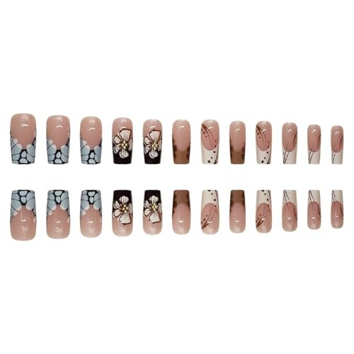 ROFIBUT French Tip Press on Nails Medium Square - Glossy Autumn Brown Leopard Print Coffin Fake Nails with Cute White Flowers & Gold Bead Designs - Reusable Floral Glue on Nails for Women 24Pcs - görsel 8