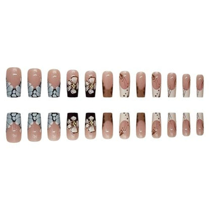 ROFIBUT French Tip Press on Nails Medium Square - Glossy Autumn Brown Leopard Print Coffin Fake Nails with Cute White Flowers & Gold Bead Designs - Reusable Floral Glue on Nails for Women 24Pcs
