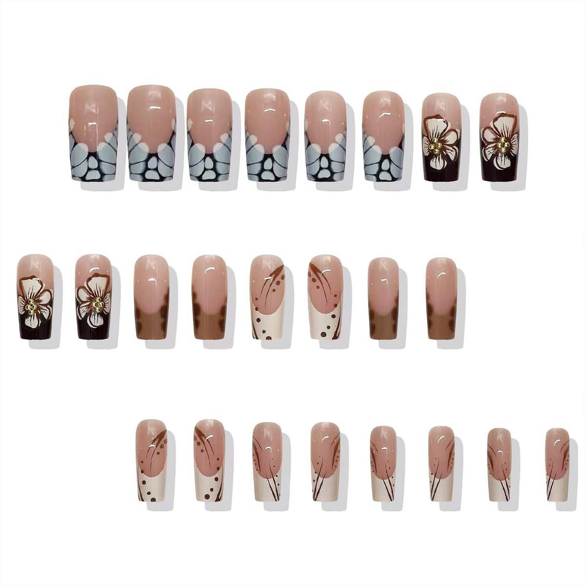 ROFIBUT French Tip Press on Nails Medium Square - Glossy Autumn Brown Leopard Print Coffin Fake Nails with Cute White Flowers & Gold Bead Designs - Reusable Floral Glue on Nails for Women 24Pcs - görsel 3