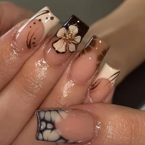 ROFIBUT French Tip Press on Nails Medium Square - Glossy Autumn Brown Leopard Print Coffin Fake Nails with Cute White Flowers & Gold Bead Designs - Reusable Floral Glue on Nails for Women 24Pcs - görsel 2