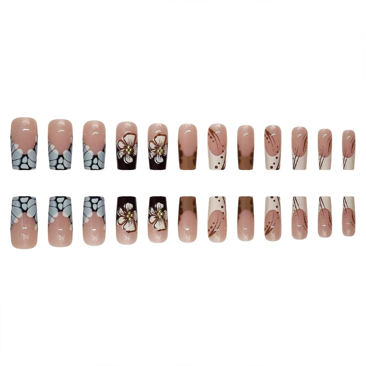 ROFIBUT French Tip Press on Nails Medium Square - Glossy Autumn Brown Leopard Print Coffin Fake Nails with Cute White Flowers & Gold Bead Designs - Reusable Floral Glue on Nails for Women 24Pcs - görsel 7