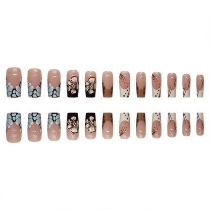 ROFIBUT French Tip Press on Nails Medium Square - Glossy Autumn Brown Leopard Print Coffin Fake Nails with Cute White Flowers & Gold Bead Designs - Reusable Floral Glue on Nails for Women 24Pcs