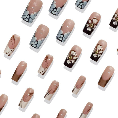 ROFIBUT French Tip Press on Nails Medium Square - Glossy Autumn Brown Leopard Print Coffin Fake Nails with Cute White Flowers & Gold Bead Designs - Reusable Floral Glue on Nails for Women 24Pcs