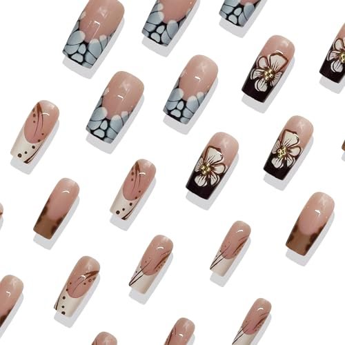 ROFIBUT French Tip Press on Nails Medium Square - Glossy Autumn Brown Leopard Print Coffin Fake Nails with Cute White Flowers & Gold Bead Designs - Reusable Floral Glue on Nails for Women 24Pcs - görsel 6