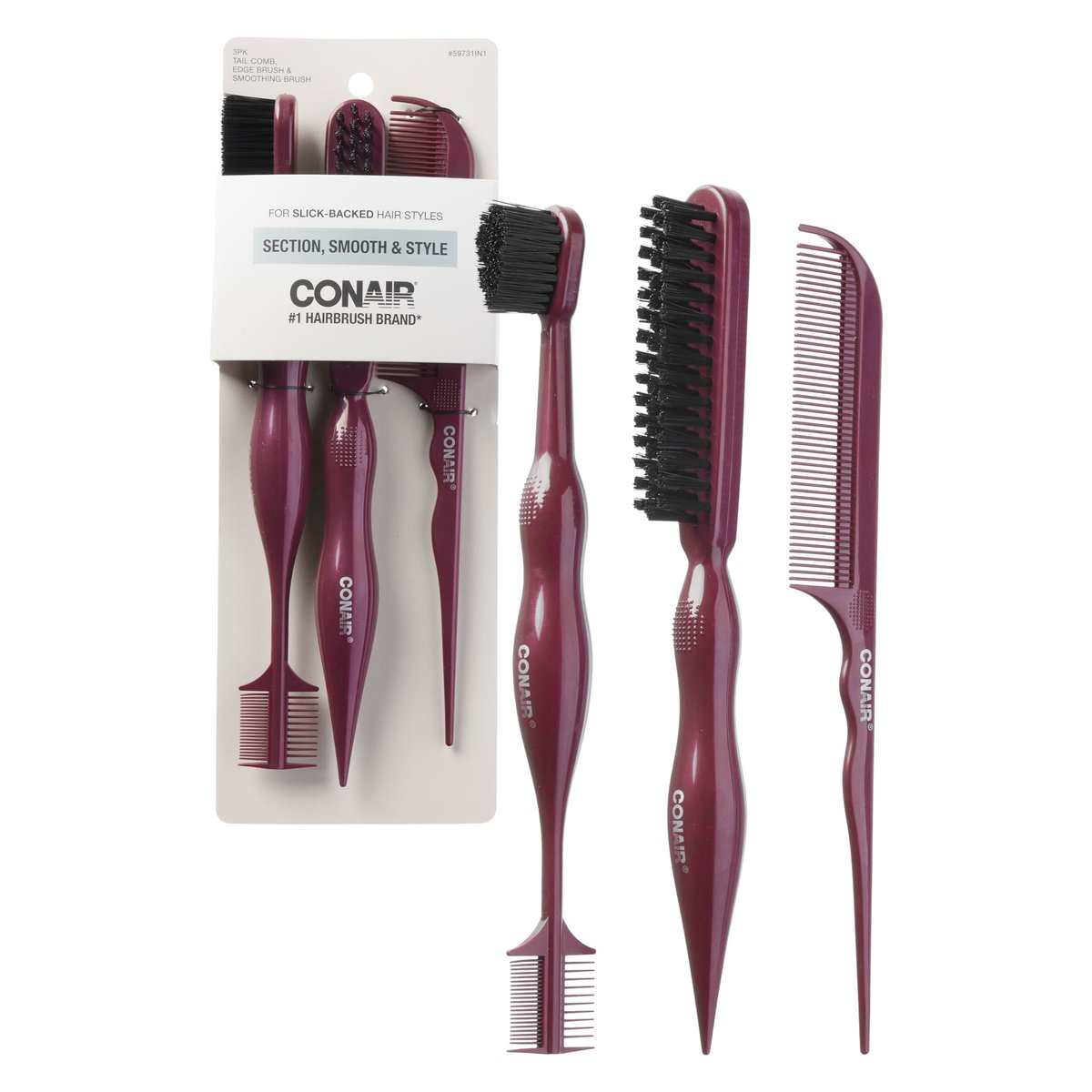 Conair Slick Back Tail Comb Set, 3-Pack with Fine Tooth Tail Comb, Edge Brush, and Smoothing Brush for Teasing, Parting, and Smoothing Sleek Hair Styles, Control Hair Flyaways - görsel 1