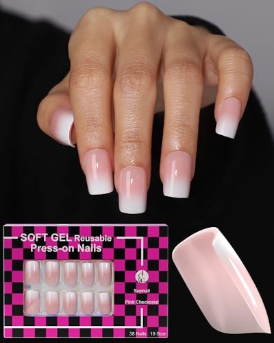 SUPNAIL Press on Nails - Ombre Short Square, 19 Sizes, 38 Pieces, Pink White Ombre with Brush-on Glue & Adhesive Tabs - görsel 2