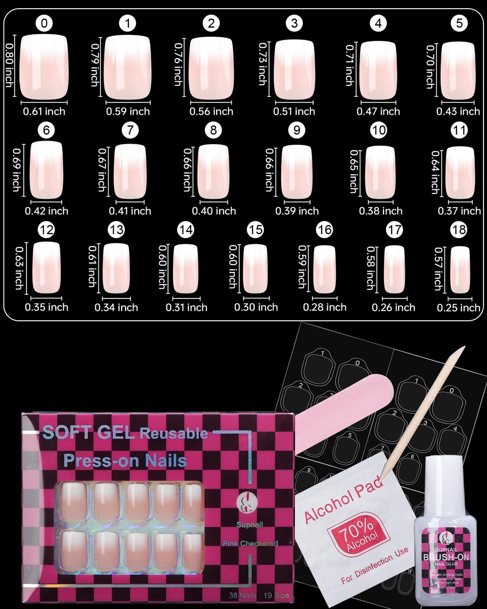 SUPNAIL Press on Nails - Ombre Short Square, 19 Sizes, 38 Pieces, Pink White Ombre with Brush-on Glue & Adhesive Tabs - görsel 11