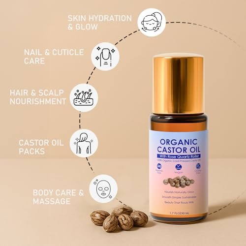 Organic Castor Oil Rose Quartz Roller Ball - Golden Castor Oil Roll-On with Rose Quartz, 100% Pure, Unscented, For Radiant Skin | Deeply Hydrates | Reduces Fine Lines | Lush Hair & Relaxation [1.7oz] Avelisse