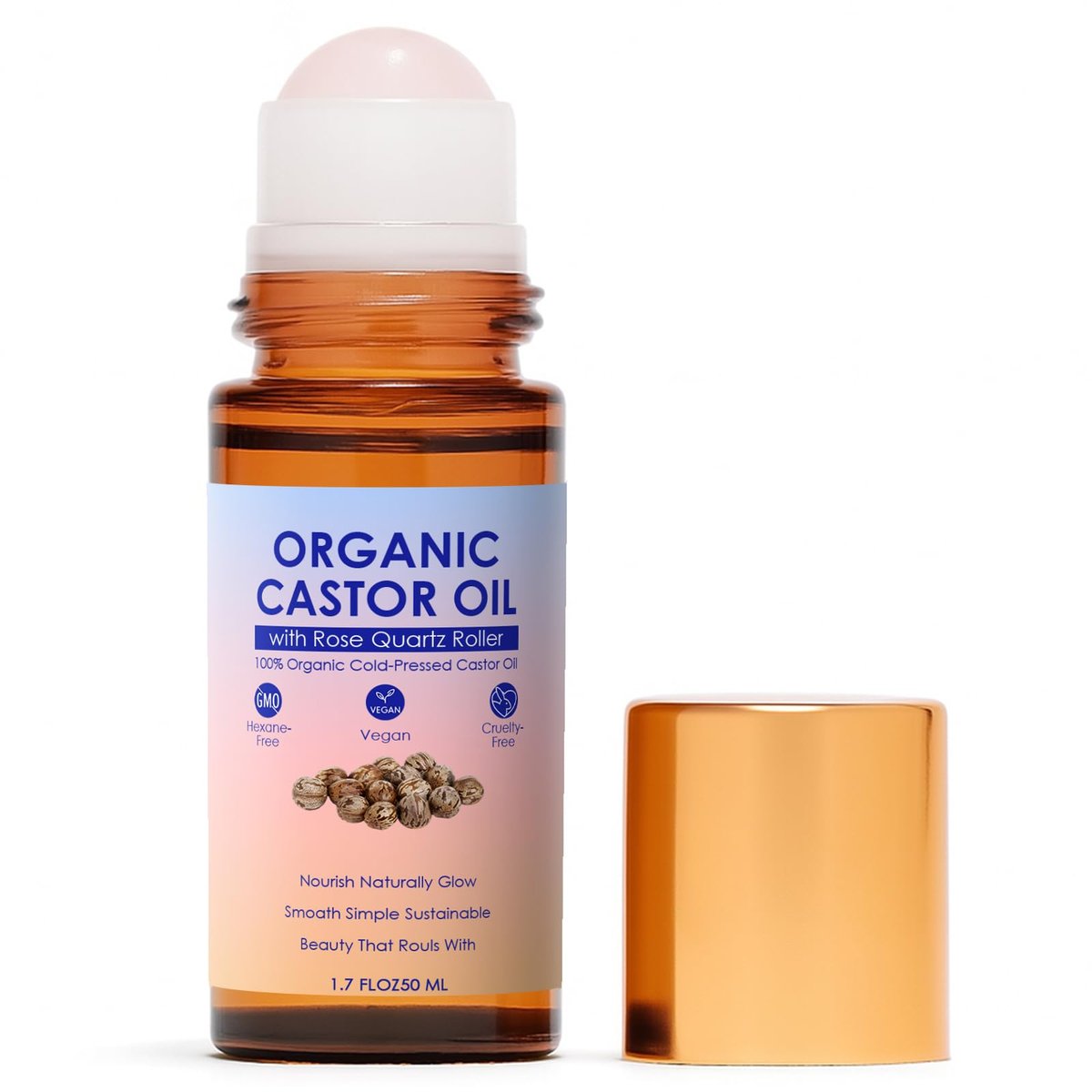 Organic Castor Oil Rose Quartz Roller Ball - Golden Castor Oil Roll-On with Rose Quartz, 100% Pure, Unscented, For Radiant Skin | Deeply Hydrates | Reduces Fine Lines | Lush Hair & Relaxation [1.7oz] Avelisse