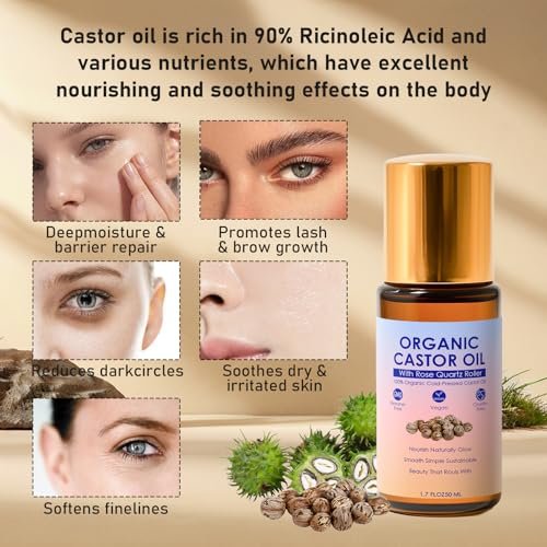 Organic Castor Oil Rose Quartz Roller Ball - Golden Castor Oil Roll-On with Rose Quartz, 100% Pure, Unscented, For Radiant Skin | Deeply Hydrates | Reduces Fine Lines | Lush Hair & Relaxation [1.7oz] Avelisse