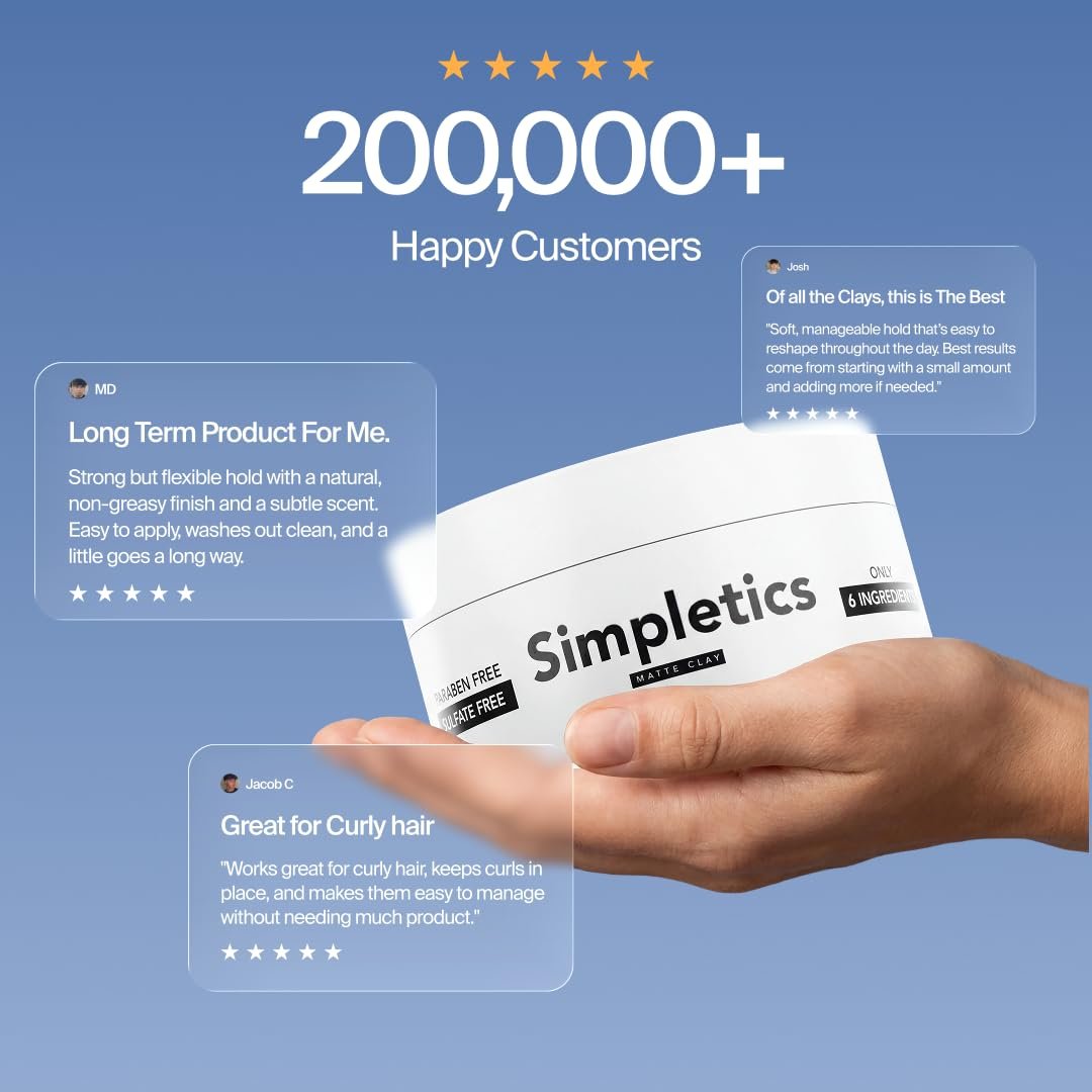 Simpletics Hair Clay for Men – Natural 6 Ingredient Matte Styling Clay with Beeswax & Coconut Oil, Strong Hold, Water Based, Non-Greasy, Vanilla Scent – 2 oz Avelisse