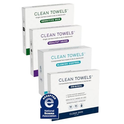 Clean Skin Club Clean Towels® XL Variety 4-Pack Travel Set – Disposable Face Towels with Original, Sensitive, Blemish Control & Healthy Aging – 40 Count Total