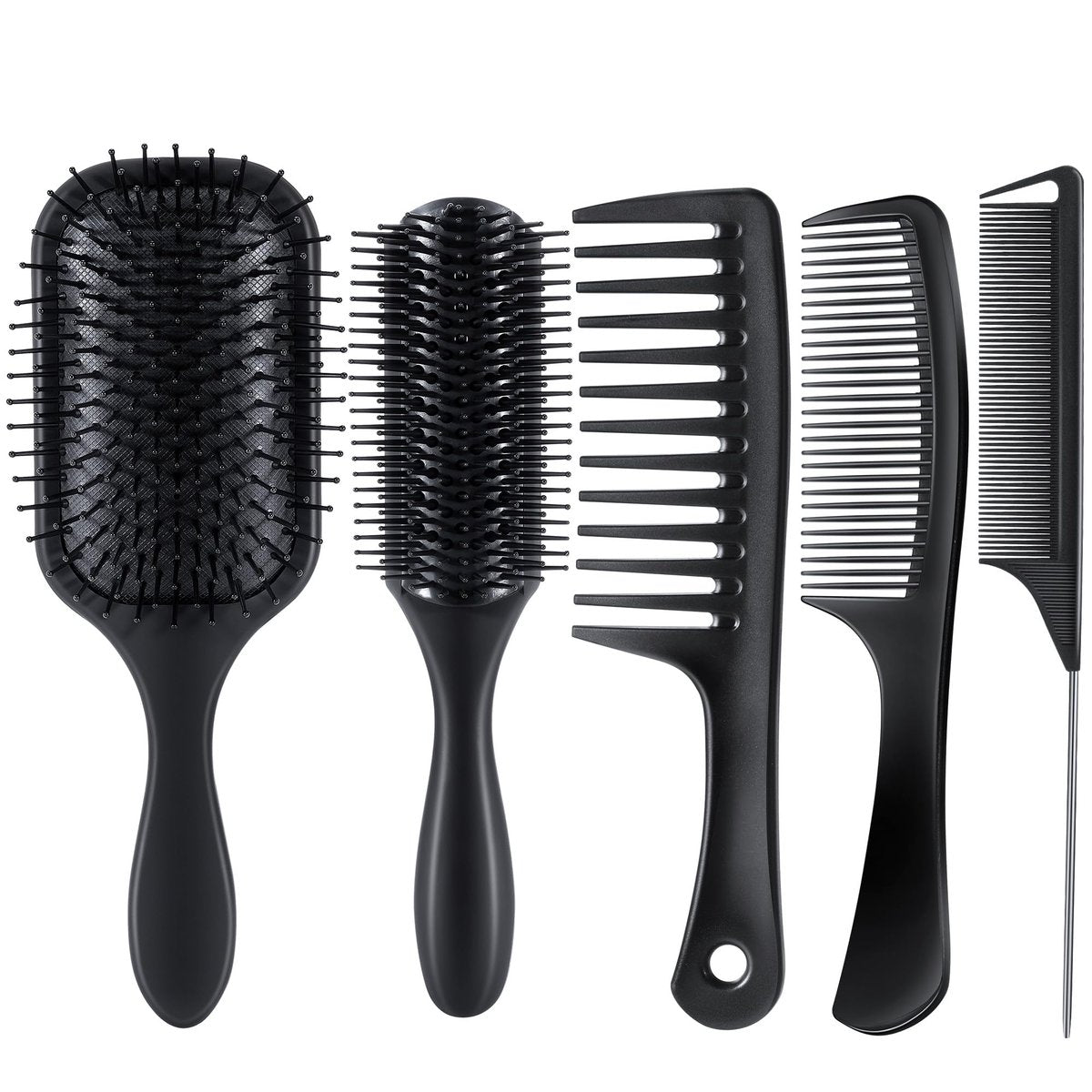 SALONSILK 5-Piece Hair Brush Comb Set for Men and Women – Paddle Styling Brushes, Wide & Fine Tooth Combs, Rat Tail Parting Barber Professional Set for Detangling All Hair Types Avelisse
