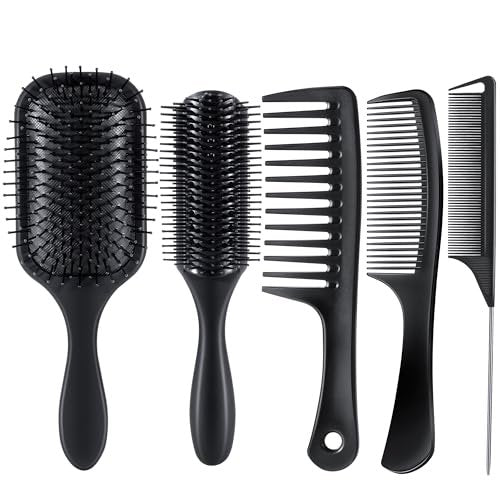 SALONSILK 5-Piece Hair Brush Comb Set for Men and Women – Paddle Styling Brushes, Wide & Fine Tooth Combs, Rat Tail Parting Barber Professional Set for Detangling All Hair Types Avelisse