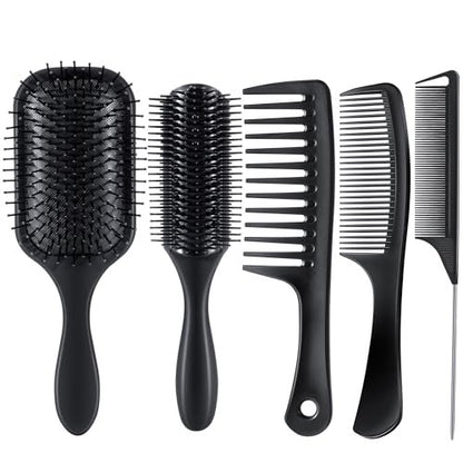 SALONSILK 5-Piece Hair Brush Comb Set for Men and Women – Paddle Styling Brushes, Wide & Fine Tooth Combs, Rat Tail Parting Barber Professional Set for Detangling All Hair Types Avelisse