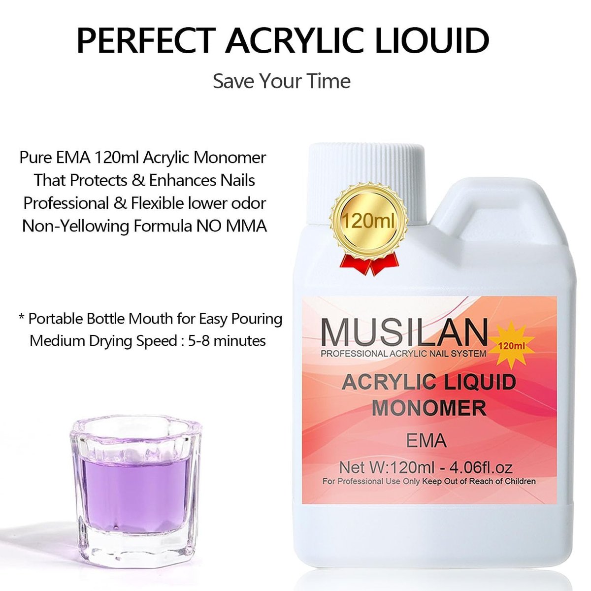 MUSILAN Monomer Acrylic Nail Liquid 4oz – Professional Acrylic Liquid for Acrylic Powder, Non-Yellowing Formula with 5pcs Nail Brush Dappen Dish Set for Beginners & DIY Nail Extension - görsel 5