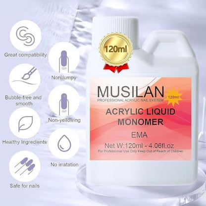 MUSILAN Monomer Acrylic Nail Liquid 4oz – Professional Acrylic Liquid for Acrylic Powder, Non-Yellowing Formula with 5pcs Nail Brush Dappen Dish Set for Beginners & DIY Nail Extension