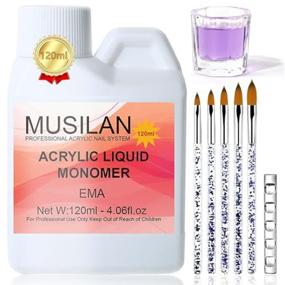 MUSILAN Monomer Acrylic Nail Liquid 4oz – Professional Acrylic Liquid for Acrylic Powder, Non-Yellowing Formula with 5pcs Nail Brush Dappen Dish Set for Beginners & DIY Nail Extension
